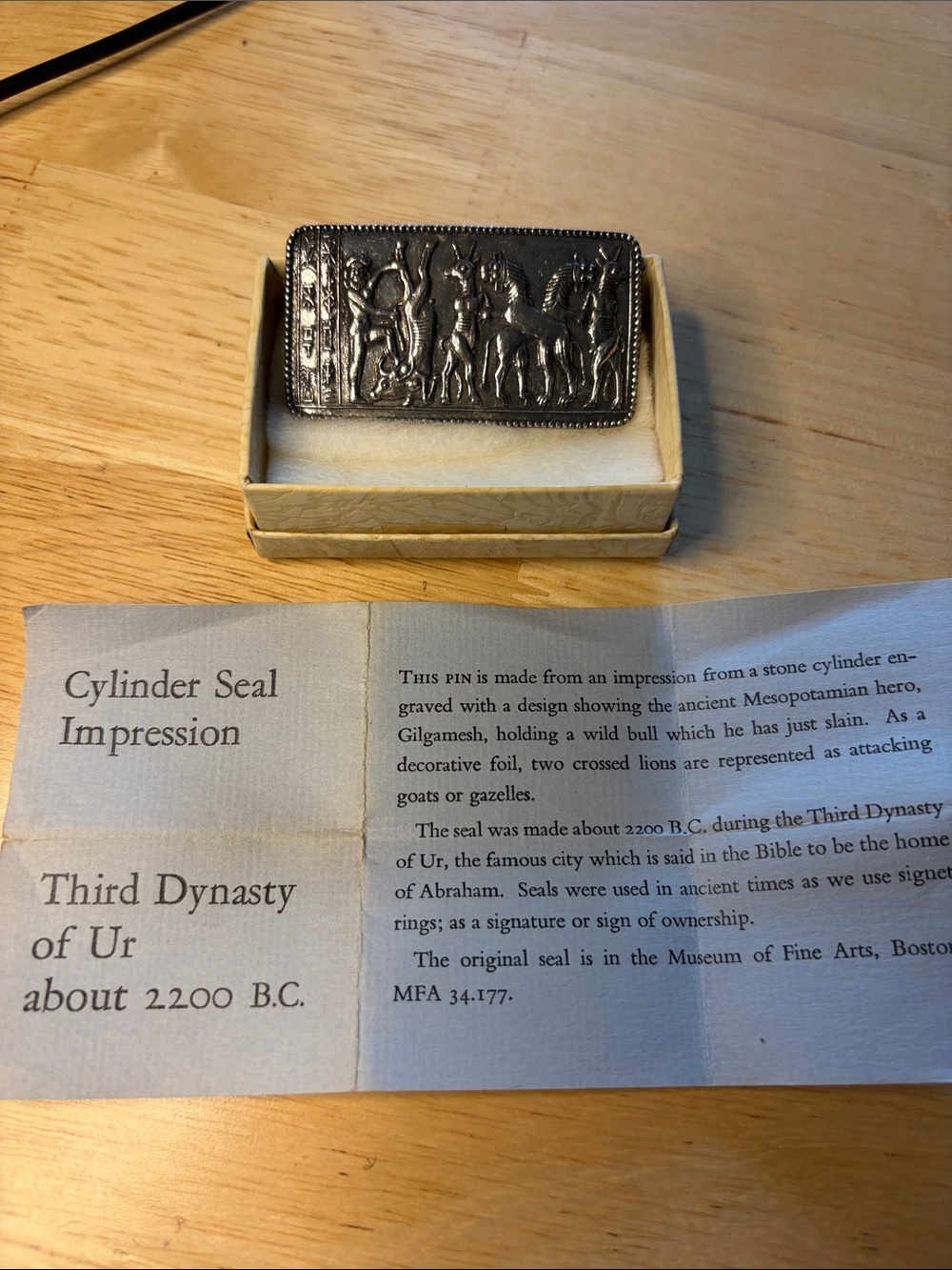Silver-Tone Mesopotamian Cylinder Seal Impression Brooch — Decorative Relief Pin